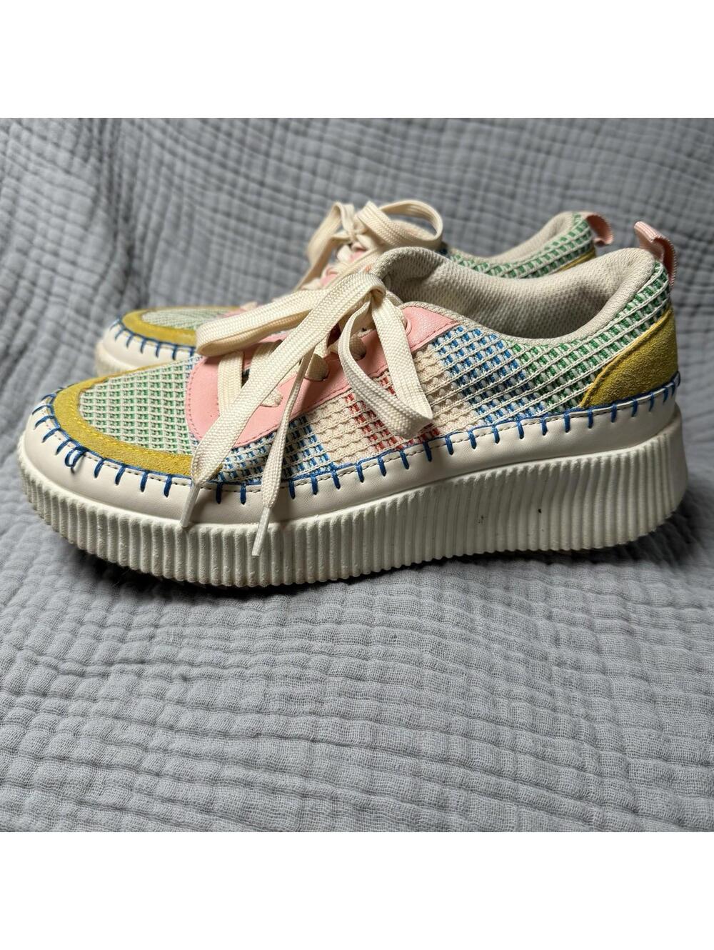 LUCKY STEP Women's Platform Sneakers Pink/Yellow Multi Knit Walking Shoes Sz 9 - Picture 8 of 9